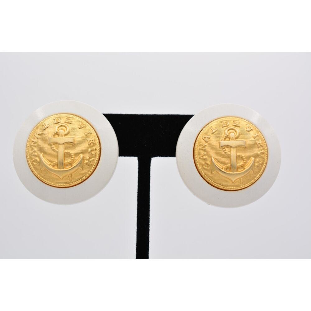Vintage Nautical Anchor Earrings Brushed Gold Round Button White Wooden 1990s 9E
